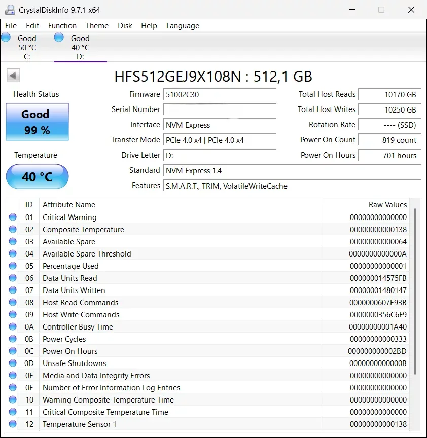 SKhynix 512GB NVme SSD
